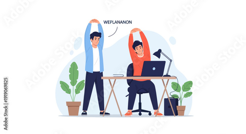 Two men stretching at desk, office health break, work-life balance, healthy lifestyle