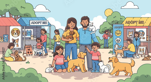 Happy Family Adopting Pets at Outdoor Adoption Event