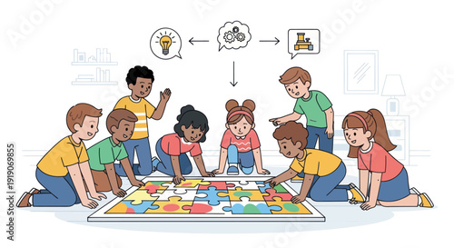 Diverse children collaborating on a large puzzle, brainstorming ideas for a project