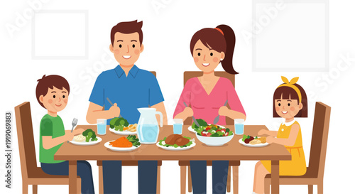 Happy Family Eating a Healthy Meal Together Around a Wooden Table
