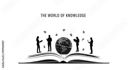 Education and learning concept with globe on open book, THE WORLD OF KNOWLEDGE. Includes book, globe, people, education, knowledge, learning. Created in simple line style with black and white