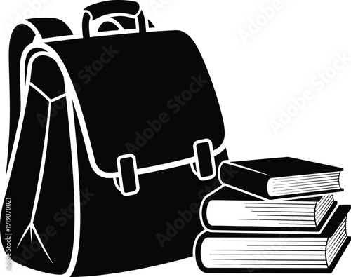 Black and white of backpack and stack of books school education