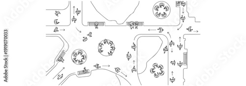 Collection of isometric and top-view people in thin line art; diverse men, women, and families walking, sitting, and cycling; vector illustration for architectural site plans and urban map design.