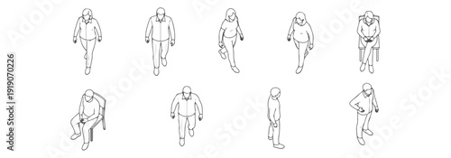 Set of isometric architectural scale figures in thin line art; diverse men and women walking and sitting in various poses; vector illustration collection for urban landscape and site plan design.