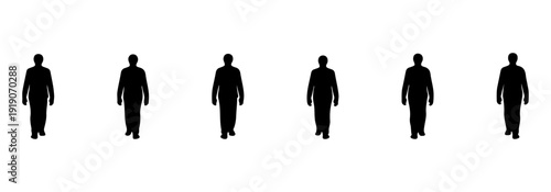 Set of silhouette back view walking men; diverse male characters walking away in casual outfits; minimal vector scale figures collection for architectural rendering and urban site plan design.