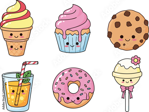 Cute kawaii dessert illustration set. Smiling ice cream, cupcake, donut and sweet treats. Pastel cartoon food collection isolated on white background.