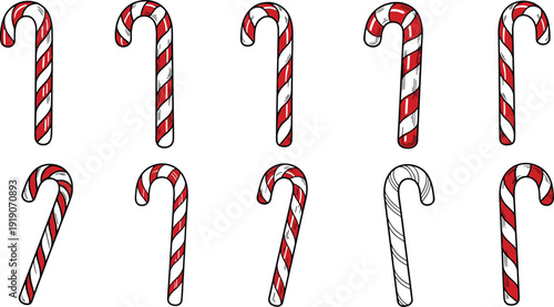 Candy cane illustration set. Red and white striped Christmas sweets in hand drawn style. Festive holiday elements isolated on white background.