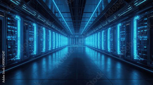 Corridoio futuristico di un data center con server illuminati da luci led blu. Generative AI