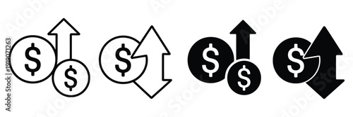 Dollar increase and decrease vector icons, cost reduce increases and decreases icon set, profit and lose money vector icons in flat and outline styles