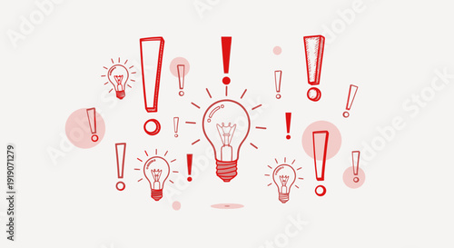 Hand-drawn lightbulbs and exclamation marks on a white background with red accents represent ideas
