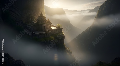 Wide Angle View of an Ancient Temple Complex Nested in a Misty Mountain Valley
