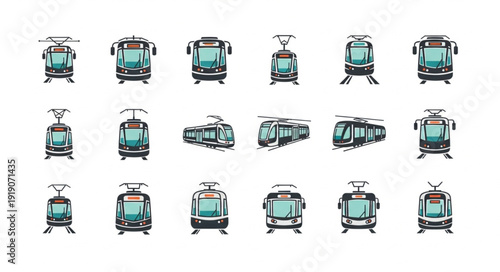 Collection of modern tram vehicles in various perspectives.