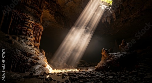 Dramatic Sunbeams Piercing Through a Cavern Opening into a Dark Limestone Cave