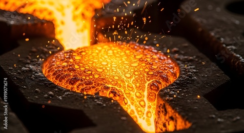 Molten Metal Pouring into Industrial Casting Mold with Glowing Embers and Sparks