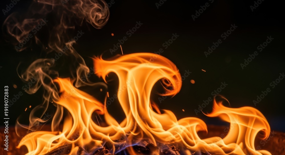 Fototapeta premium Vibrant orange flames rising from burning embers with smoke swirling upwards against a dark mysterious background at night time outdoors.