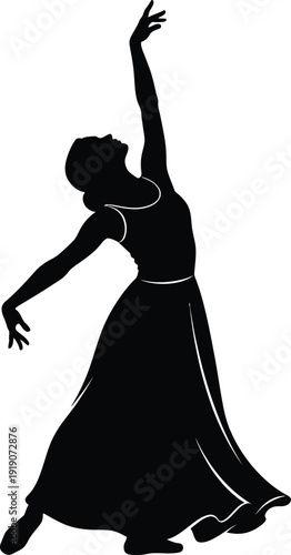 Black silhouette of woman in flowing dress dancing with one arm raised