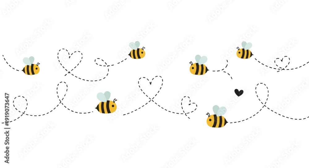Фотография Seamless Cute Bee Pattern Vector Honey Bee Flight Path with Hearts