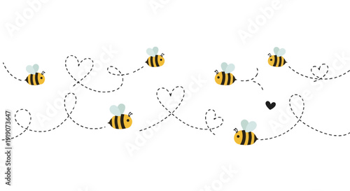 Seamless Cute Bee Pattern Vector Honey Bee Flight Path with Hearts