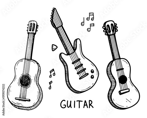 Guitar set. Vector doodle hand drawn. Stringed musical instrument. Acoustic and electric guitars. Music. Bass, folk, rock. Line art illustration.