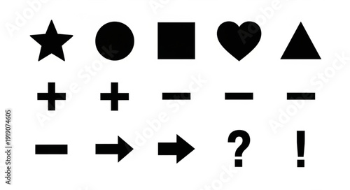 Collection of Black Geometric Shapes and Symbols on White Background.