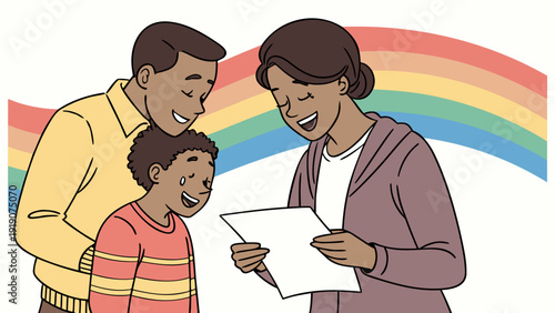 Couple adopting a child, document in hand, tears of joy.