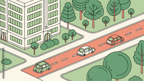 A city with autonomous cars and wide bike paths, nature integrated into the architecture.