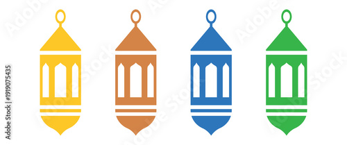 Traditional hanging lantern silhouettes, colorful decorative lamp icons