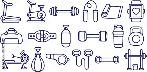 fitness equipment gym tools bule line icon set vector illustration design collection 