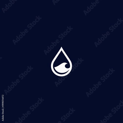 A white droplet containing a wave illustration on a dark blue background