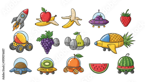 Celestial Fruit Symphony: An imaginative illustration showcases an array of vibrant, anthropomorphic fruits, transformed into whimsical space vehicles and extraterrestrial objects.
