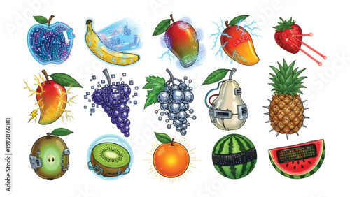 Fruit Variety Fusion: A vibrant collection of diverse fruits, each radiating with a unique, stylized energy. A feast for the eyes!