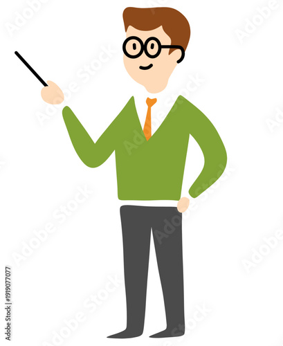 vector illustration: hand drawn cartoon teacher person presenting something with a fescue pointer stick isolated on white or transparent png