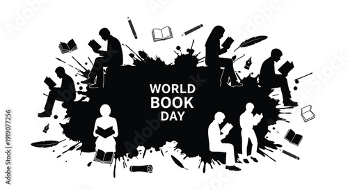 World Book Day vector graphic, black silhouettes of people reading and writing, book and pencil icons. Created in modern style with monochromatic color palette.