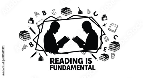 Vector illustration of two people reading surrounded by books and letters, reading is fundamental
