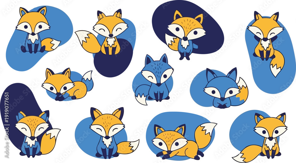 Obraz premium Modern Flat Stylized Orange Blue Fox Vector Illustration Set