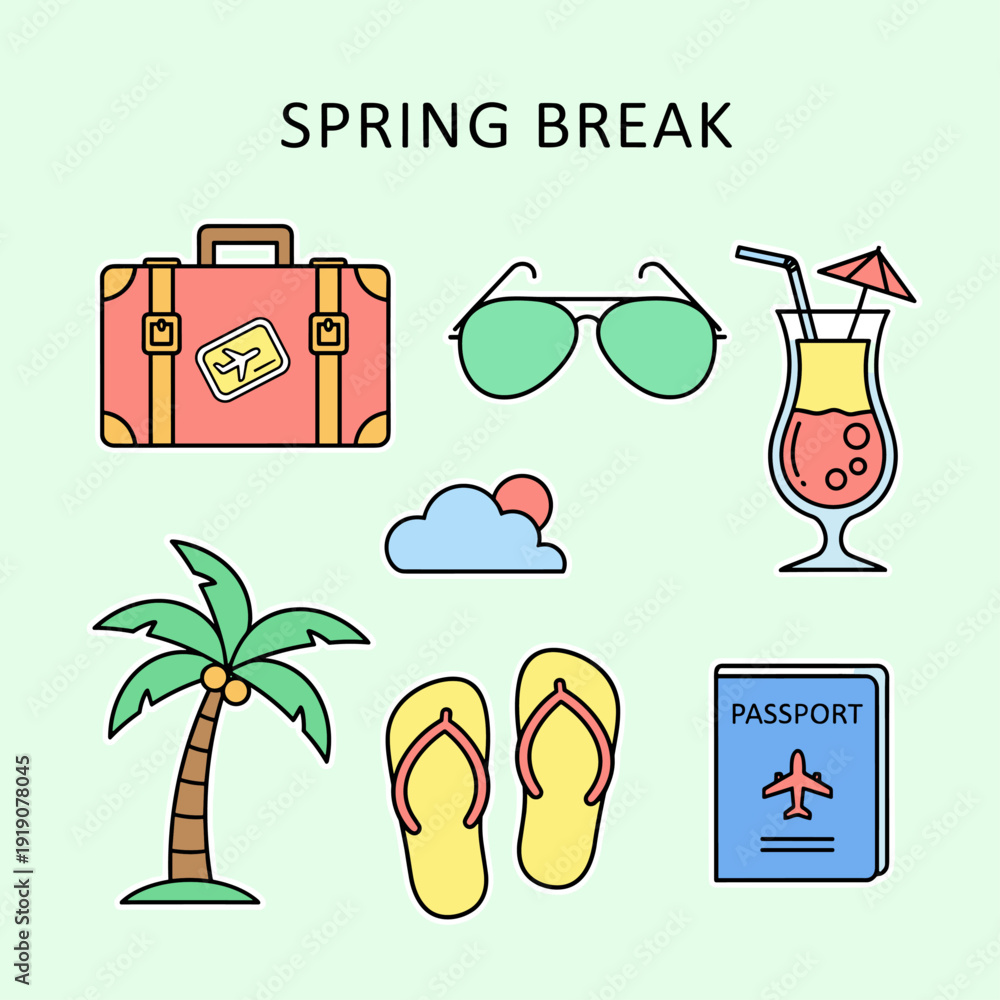 Foto Flat Vector Spring Break Travel Icon Set
