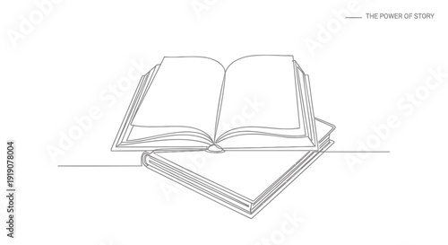 Open book line art illustration, THE POWER OF STORIES