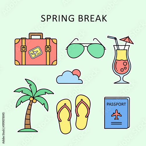 Photos Flat Vector Spring Break Travel Icon Set