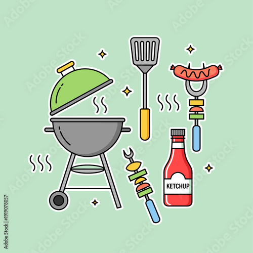 Flat Vector BBQ Grilling Party Icon Set