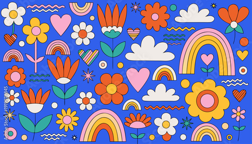 Playful hand-drawn doodle elements including flowers, hearts, clouds, and rainbows scattered across a colorful background, capturing authentic childlike creativity and joyful energy in a charming vect