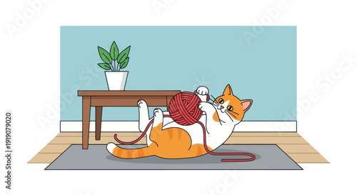 Cute Orange Cat Playing with Ball of Yarn on Floor, Indoor Scene