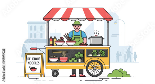 Street food cart selling delicious noodles and vegetables in a city