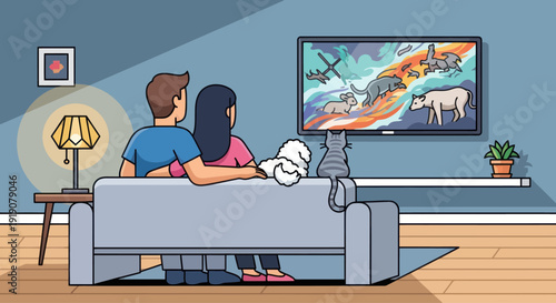 Couple Watching TV with Pets in Cozy Living Room