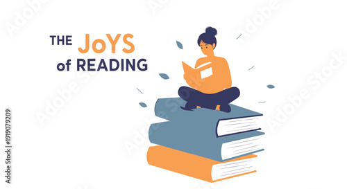 Vector illustration of a woman reading on stacked books, symbolizing the joys of reading.
