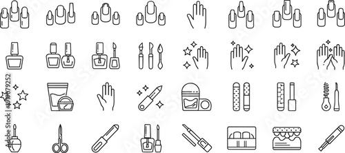 manicure, nails, beauty, line, icons, collection, nailcare, polish, salon, grooming, minimal, outline, vector, cosmetics, hands, spa, treatment, design, tools, set