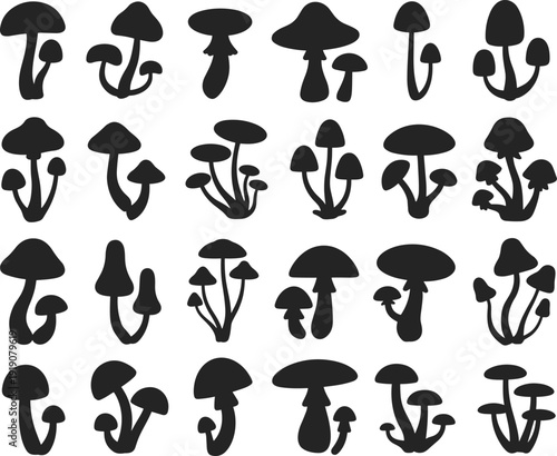 Mushroom silhouettes, fungi shapes, nature design, forest mushrooms, botanical illustration, spore art, cap and stem, wild fungi, organic pattern, diversity