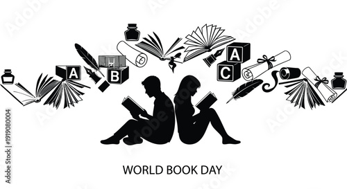 World Book Day icon collection. Includes book, reading, literacy, education, and library symbols. Created in black and white minimalist style with simple illustrations.