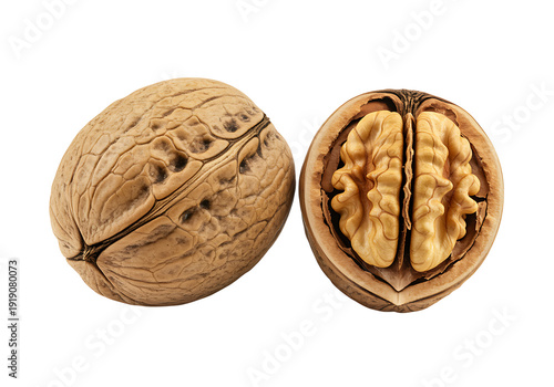 Whole and halved walnuts on white background for food and nutrition concepts  healthy snack transparent background