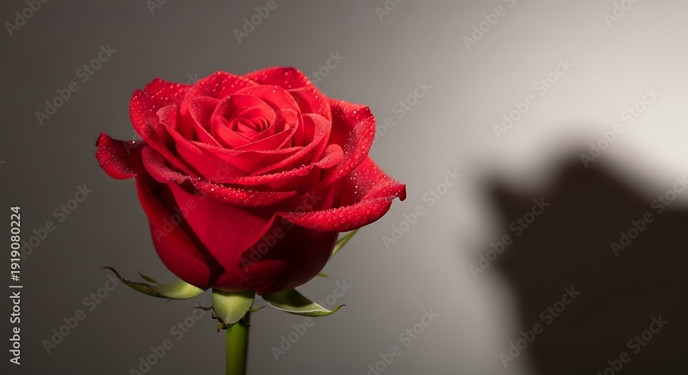 Fototapeta premium Vibrant red rose bloom close-up with soft background bokeh lighting