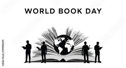 World Book Day icon with globe and people reading, book silhouettes. Created in black and white minimalist style.